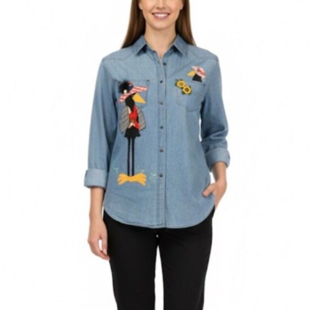 Vintage 90s Justin Allen Blue Denim Crow Sunflower Appliqué Button Up Shirt Sz M